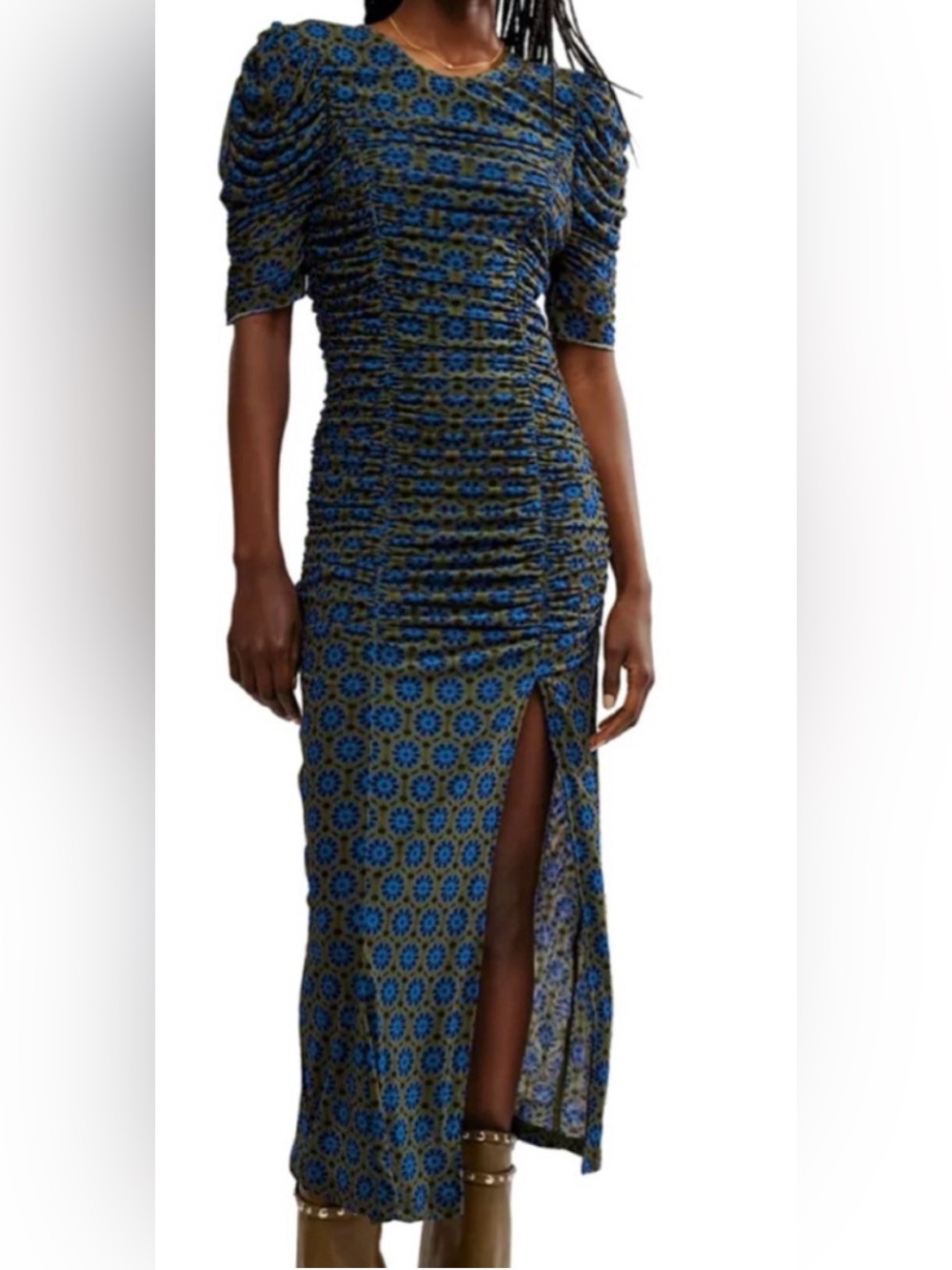 Free people Blue & Olive Patterned Ruched Dress with Side Slit nwt